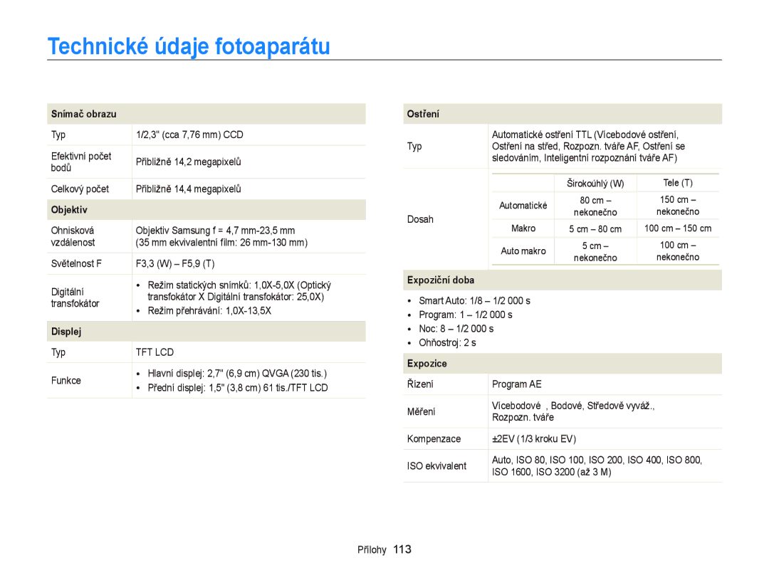 Samsung EC-PL20ZZBPBE3, EC-PL120ZFPBE3, EC-PL210ZBPBE3, EC-PL120ZBPSE3, EC-PL120ZFPSE3 manual Technické údaje fotoaparátu 