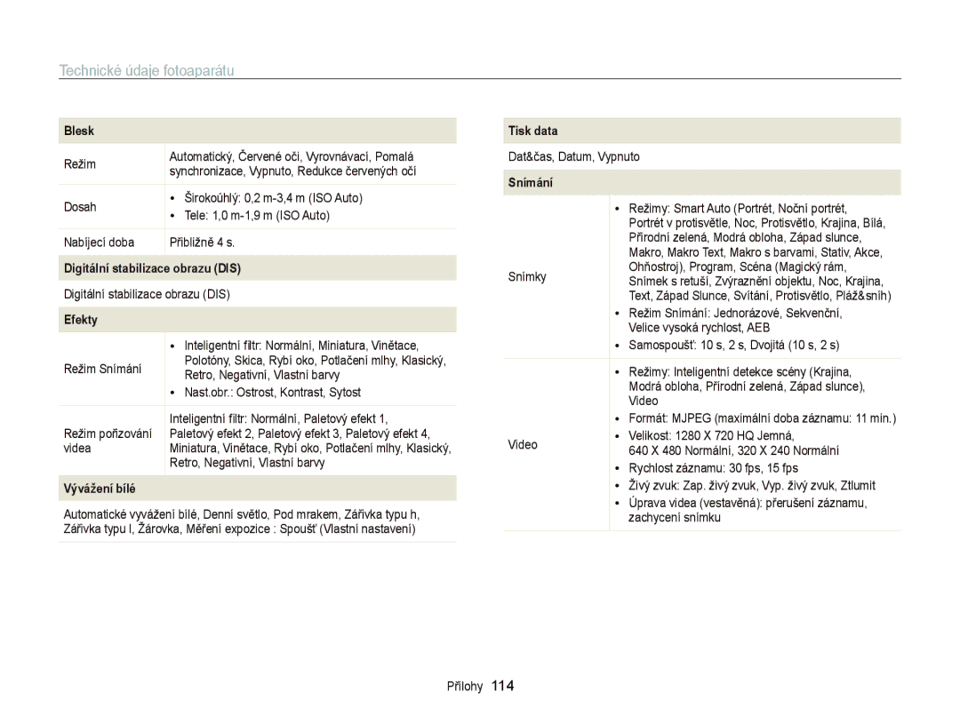 Samsung EC-PL20ZZBPSE3 manual Technické údaje fotoaparátu, Blesk, Digitální stabilizace obrazu DIS, Efekty, Vývážení bílé 