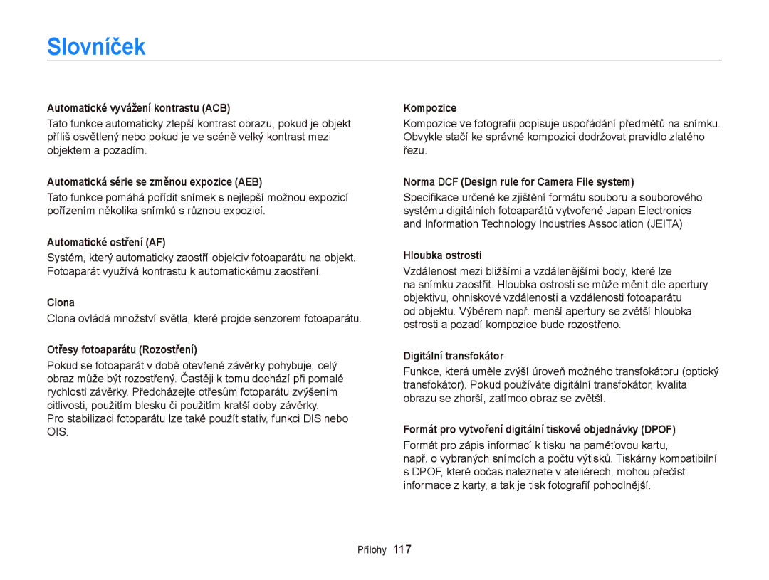 Samsung EC-PL210ZBPBE3, EC-PL120ZFPBE3, EC-PL120ZBPSE3, EC-PL120ZFPSE3, EC-PL120ZBPBE3, EC-PL210ZBPSE3 manual Slovníček 