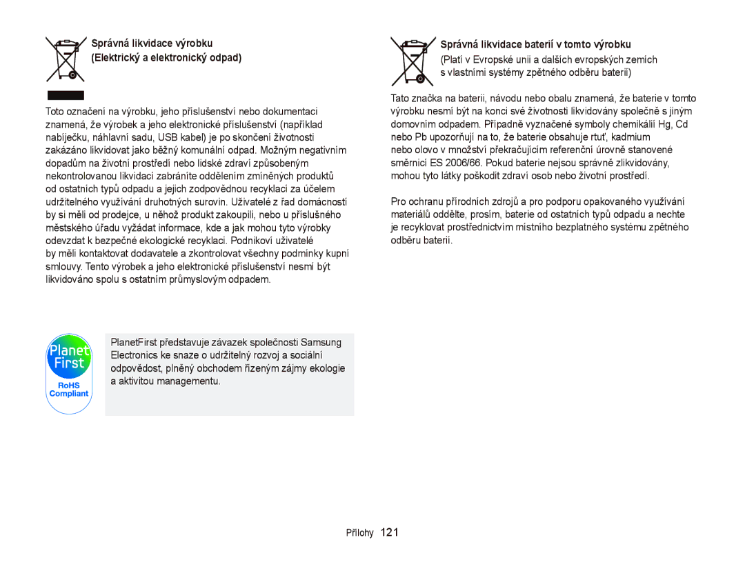 Samsung EC-PL210ZBPSE3, EC-PL120ZFPBE3, EC-PL210ZBPBE3, EC-PL120ZBPSE3 manual Správná likvidace baterií v tomto výrobku 