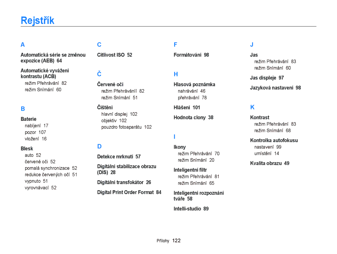 Samsung EC-PL20ZZBPBE3 manual Rejstřík, Nabíjení 17 pozor 107 vložení, Hlavní displej 102 objektiv Pouzdro fotoaparátu 