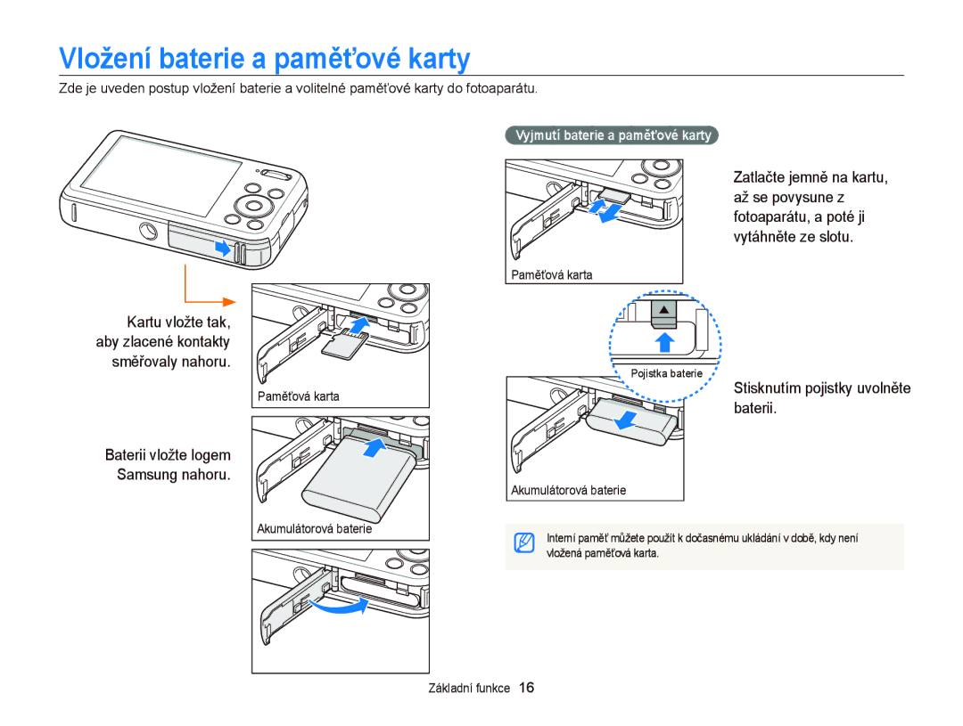 Samsung EC-PL20ZZBPRE3, EC-PL120ZFPBE3 manual Vložení baterie a paměťové karty, Stisknutím pojistky uvolněte baterii 