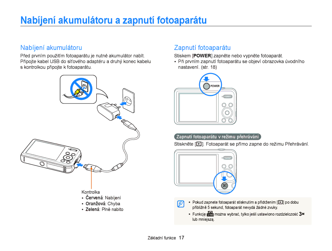 Samsung EC-PL120ZFPBE3, EC-PL210ZBPBE3 Nabíjení akumulátoru a zapnutí fotoaparátu, Zapnutí fotoaparátu, Oranžová Chyba 