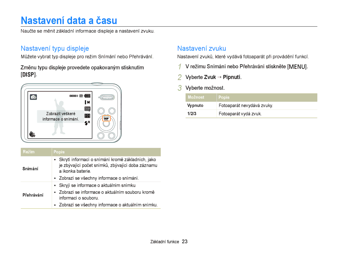 Samsung EC-PL20ZZBPBE3, EC-PL120ZFPBE3, EC-PL210ZBPBE3 manual Nastavení data a času, Nastavení typu displeje, Nastavení zvuku 