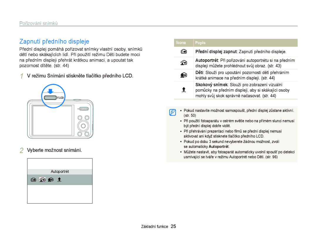 Samsung EC-PL20ZZBPRE3, EC-PL120ZFPBE3 manual Pořizování snímků, Přední displej zapnut Zapnutí předního displeje 