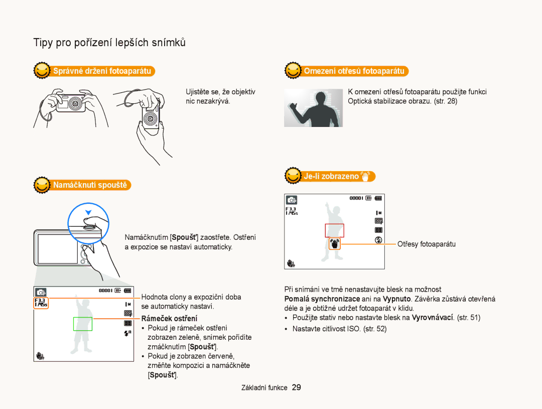 Samsung EC-PL120ZFPSE3 manual Správné držení fotoaparátu, Namáčknutí spouště, Rámeček ostření, Omezení otřesů fotoaparátu 