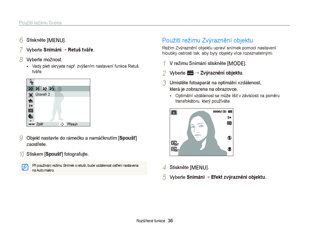 Samsung EC-PL210ZBPBE3 manual Použití režimu Zvýraznění objektu, Režimu Snímání stiskněte M, Vyberte s “ Zvýraznění objektu 