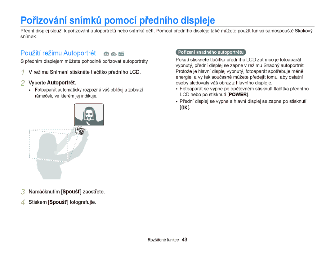 Samsung EC-PL20ZZBPRE3, EC-PL120ZFPBE3 manual Pořizování snímků pomocí předního displeje, Použití režimu Autoportrét S p s 