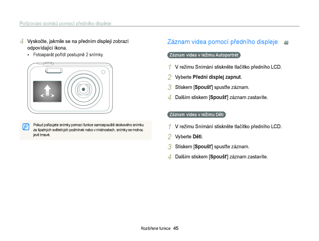 Samsung EC-PL210ZBPBE3 manual Záznam videa pomocí předního displeje, Vyskočte, jakmile se na předním displeji zobrazí 