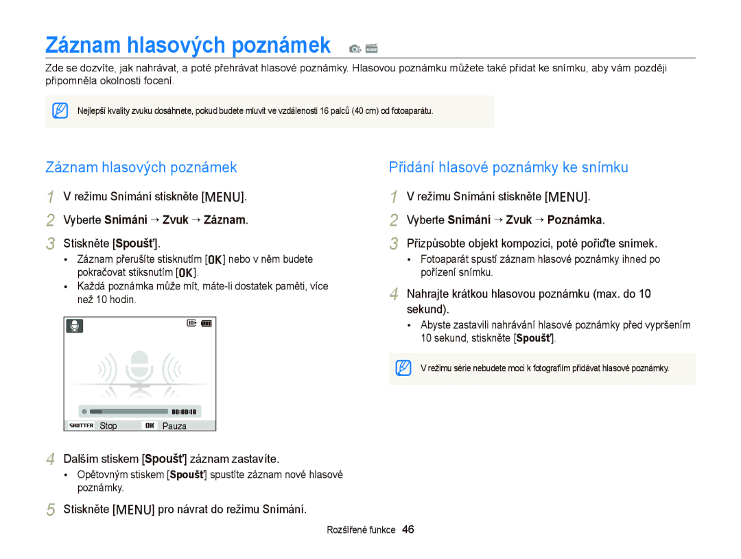 Samsung EC-PL120ZBPSE3, EC-PL120ZFPBE3, EC-PL210ZBPBE3 Záznam hlasových poznámek p s, Přidání hlasové poznámky ke snímku 