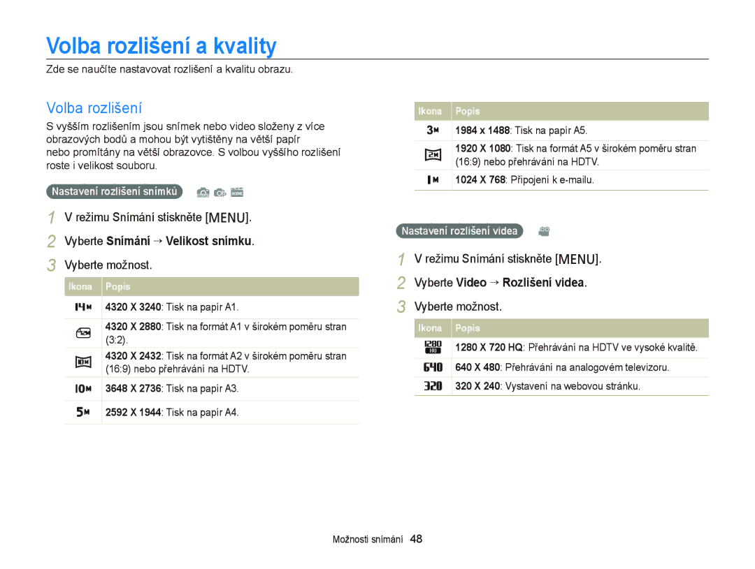 Samsung EC-PL120ZBPBE3, EC-PL120ZFPBE3 Volba rozlišení a kvality, Zde se naučíte nastavovat rozlišení a kvalitu obrazu 