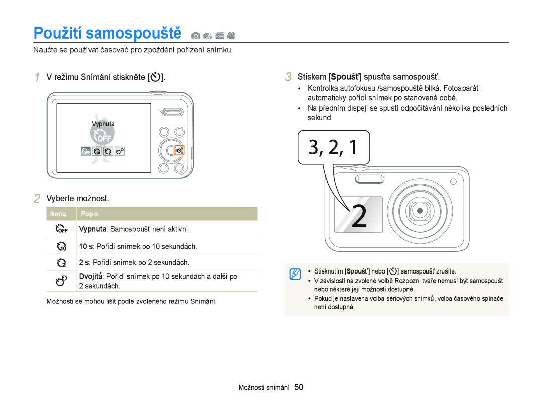 Samsung EC-PL20ZZBPBE3 manual Použití samospouště S p s, Režimu Snímání stiskněte t, Stiskem Spoušť spusťte samospoušť 