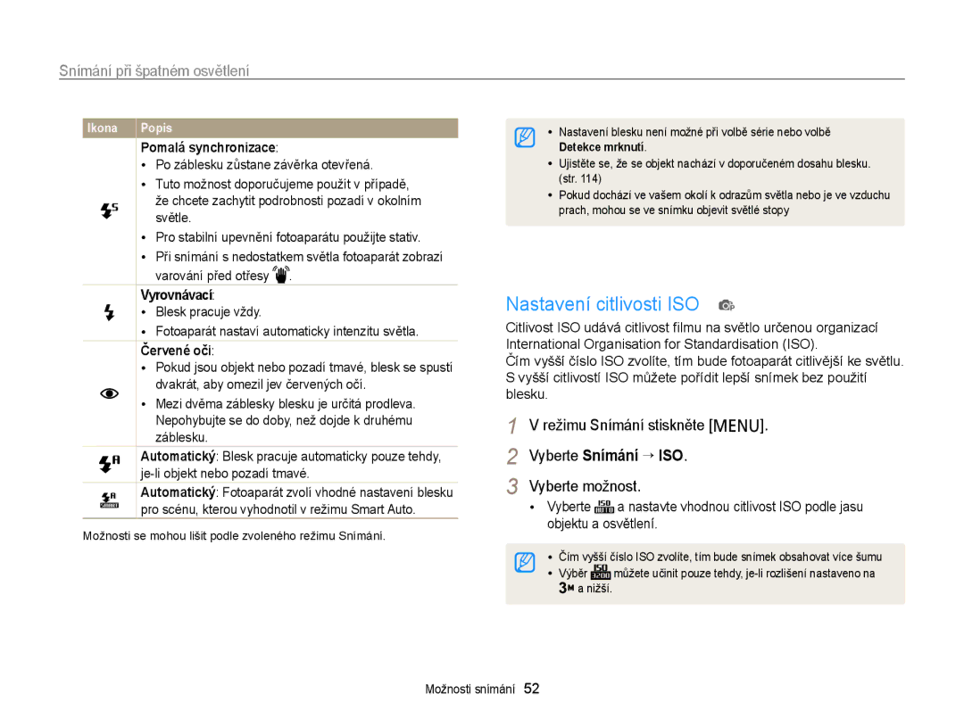 Samsung EC-PL20ZZBPRE3, EC-PL120ZFPBE3, EC-PL210ZBPBE3 manual Nastavení citlivosti ISO p, Snímání při špatném osvětlení 