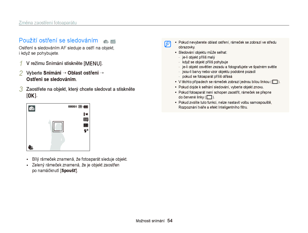 Samsung EC-PL210ZBPBE3, EC-PL120ZFPBE3, EC-PL120ZBPSE3 manual Použití ostření se sledováním p s, Změna zaostření fotoaparátu 