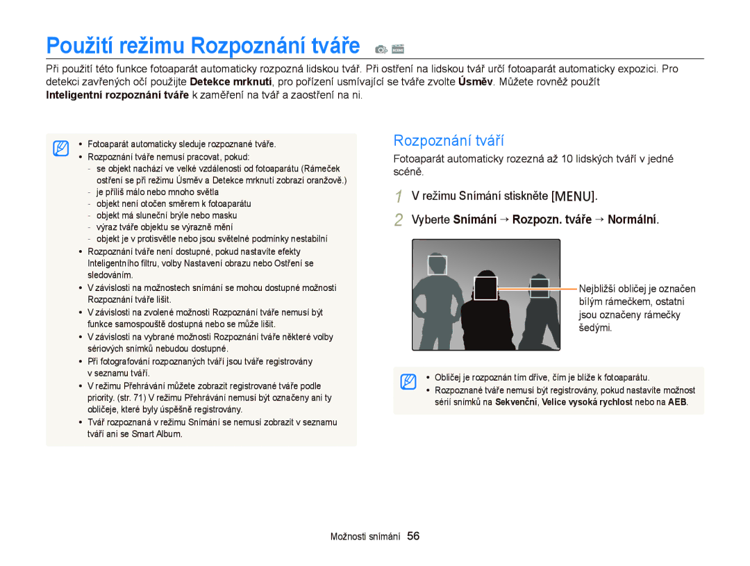 Samsung EC-PL120ZFPSE3 Použití režimu Rozpoznání tváře p s, Rozpoznání tváří, Vyberte Snímání “ Rozpozn. tváře “ Normální 