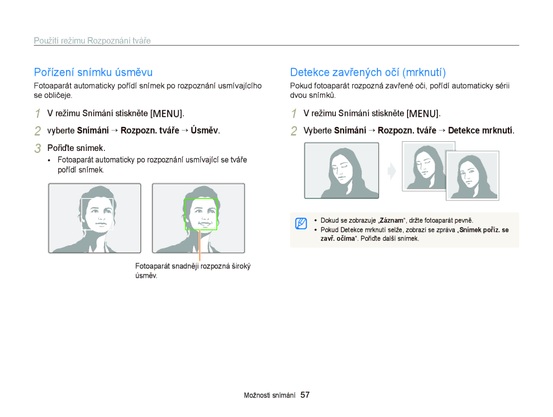 Samsung EC-PL120ZBPBE3, EC-PL120ZFPBE3 Detekce zavřených očí mrknutí, Vyberte Snímání “ Rozpozn. tváře “ Detekce mrknutí 