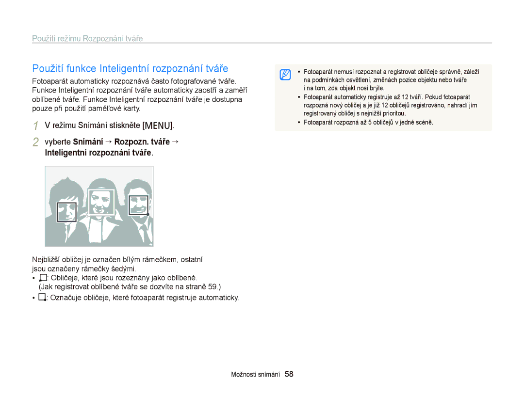 Samsung EC-PL210ZBPSE3, EC-PL120ZFPBE3 manual Použití funkce Inteligentní rozpoznání tváře, Použití režimu Rozpoznání tváře 