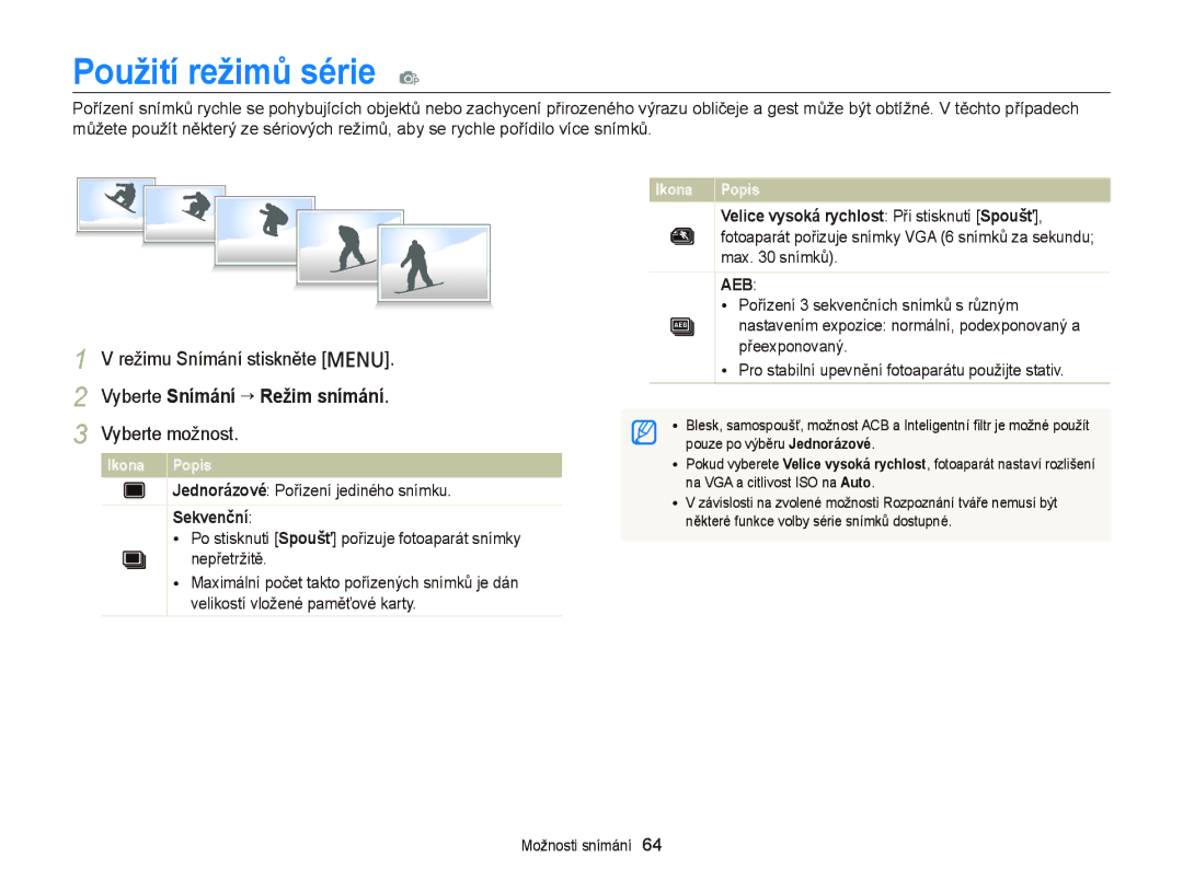 Samsung EC-PL120ZBPSE3, EC-PL120ZFPBE3, EC-PL210ZBPBE3, EC-PL120ZFPSE3, EC-PL120ZBPBE3 manual Použití režimů série p, Sekvenční 