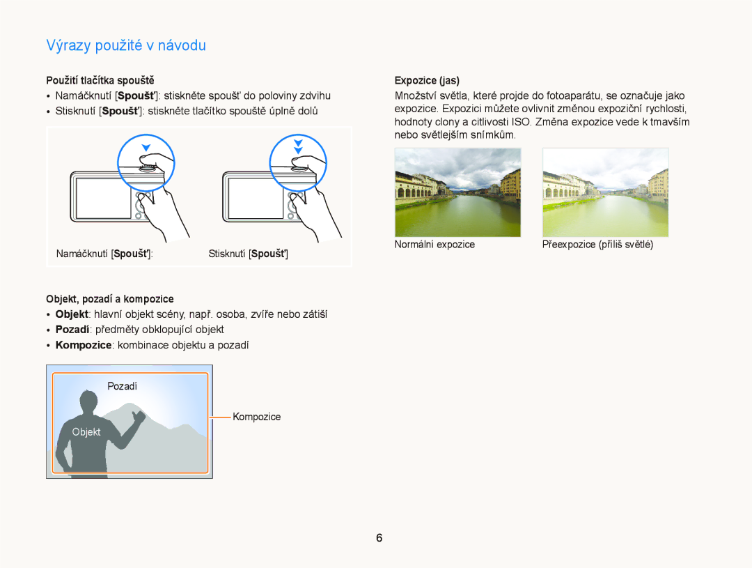 Samsung EC-PL20ZZBPSE3 manual Výrazy použité v návodu, Použití tlačítka spouště, Objekt, pozadí a kompozice, Expozice jas 