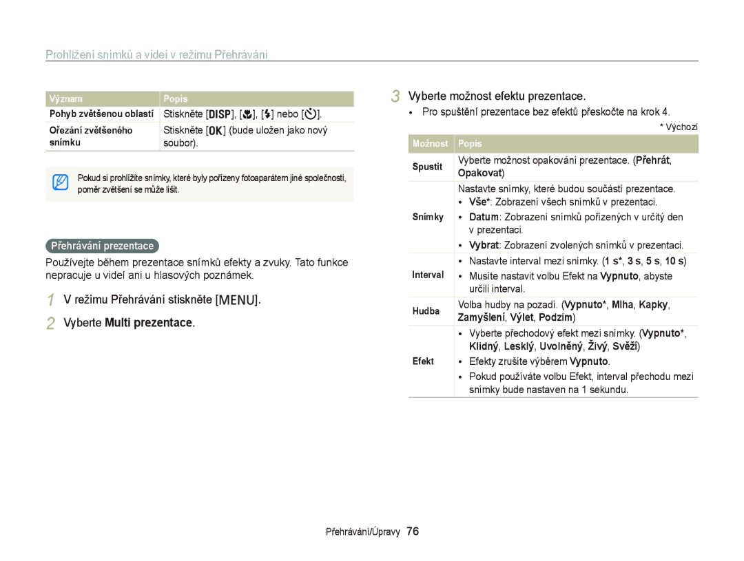Samsung EC-PL210ZBPSE3 manual Režimu Přehrávání stiskněte m Vyberte Multi prezentace, Vyberte možnost efektu prezentace 