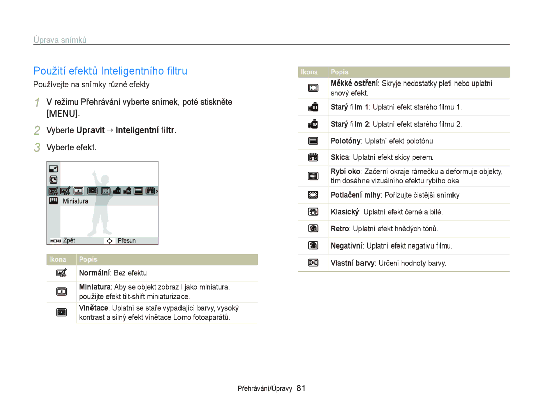 Samsung EC-PL210ZBPBE3 manual Použití efektů Inteligentního ﬁltru, Úprava snímků, Vyberte Upravit “ Inteligentní ﬁltr 