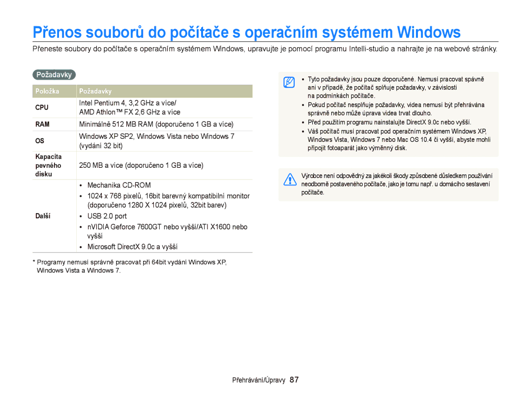 Samsung EC-PL20ZZBPSE3, EC-PL120ZFPBE3, EC-PL210ZBPBE3 Přenos souborů do počítače s operačním systémem Windows, Požadavky 