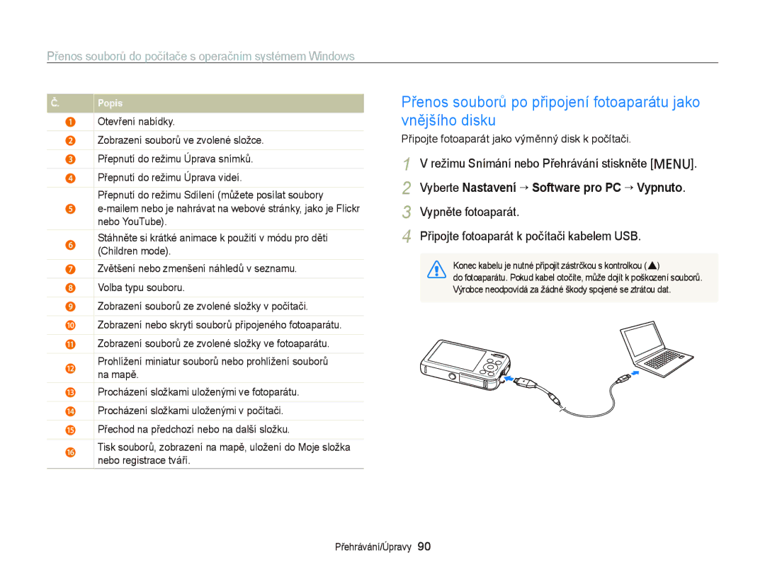 Samsung EC-PL210ZBPBE3, EC-PL120ZFPBE3, EC-PL120ZBPSE3 manual Přenos souborů po připojení fotoaparátu jako vnějšího disku 