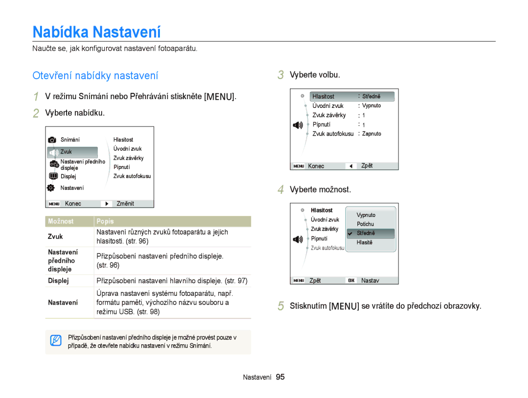 Samsung EC-PL20ZZBPBE3, EC-PL120ZFPBE3, EC-PL210ZBPBE3 manual Nabídka Nastavení, Otevření nabídky nastavení, Vyberte volbu 