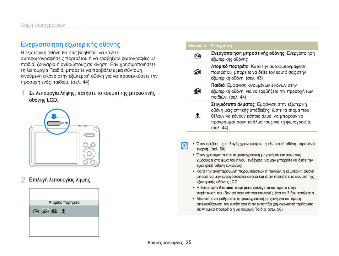 Samsung EC-PL120ZBPSE3, EC-PL120ZFPBE3, EC-PL210ZBPBE3, EC-PL120ZFPSE3 manual Ενεργοποίηση εξωτερικής οθόνης, Λήψη φωτογραφιών 