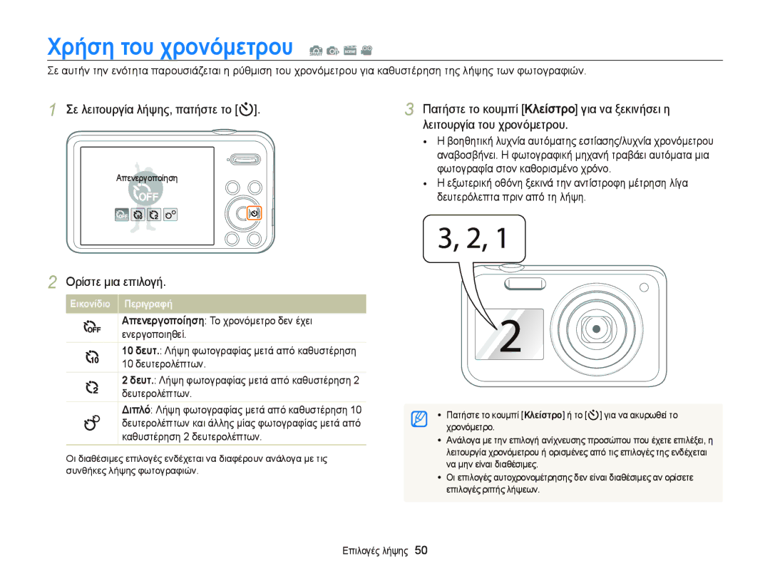 Samsung EC-PL120ZFPSE3 manual Χρήση του χρονόμετρου S p s, Σε λειτουργία λήψης, πατήστε το t, Να μην είναι διαθέσιμες 