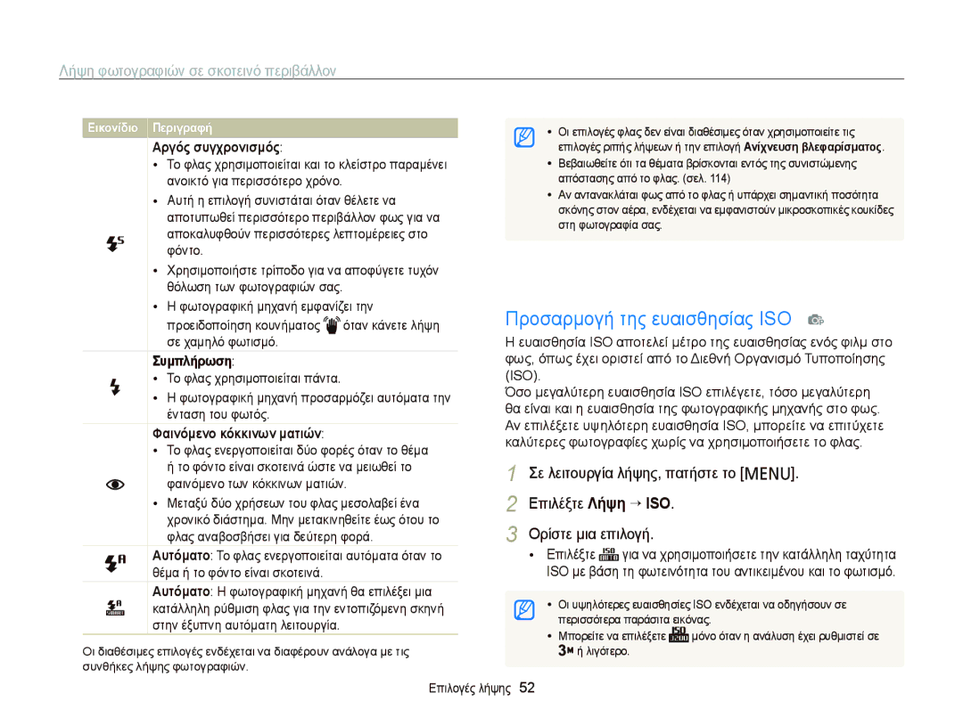 Samsung EC-PL210ZBPSE3 manual Προσαρμογή της ευαισθησίας ISO p, Λήψη φωτογραφιών σε σκοτεινό περιβάλλον, Αργός συγχρονισμός 