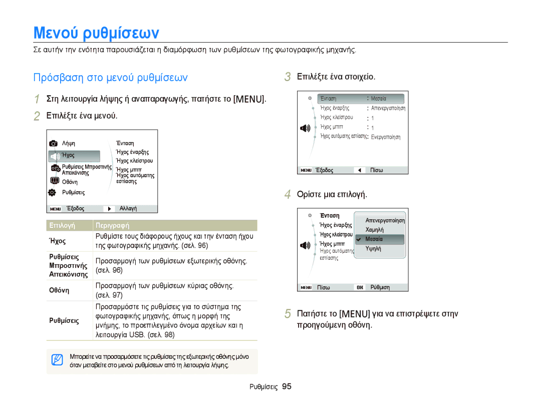 Samsung EC-PL120ZFPBE3, EC-PL210ZBPBE3, EC-PL120ZBPSE3 Μενού ρυθμίσεων, Πρόσβαση στο μενού ρυθμίσεων, Επιλέξτε ένα στοιχείο 