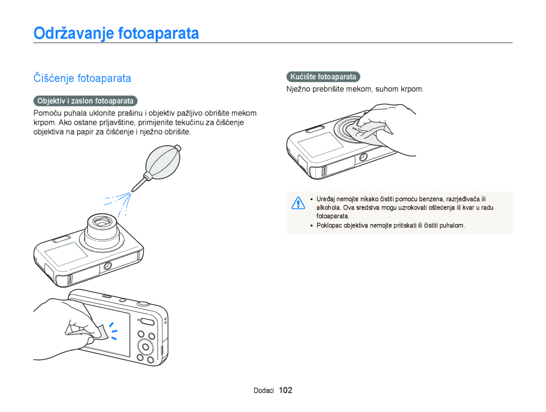 Samsung EC-PL120ZFPSE3 Održavanje fotoaparata, Čišćenje fotoaparata, Objektiv i zaslon fotoaparata, Kućište fotoaparata 