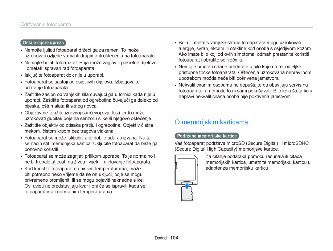 Samsung EC-PL20ZZBPBE3, EC-PL120ZFPBE3 manual Memorijskim karticama, Ostale mjere opreza, Podržane memorijske kartice 