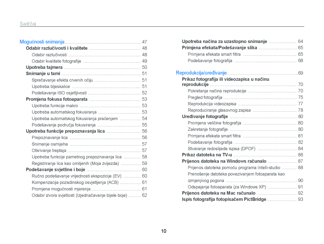 Samsung EC-PL210ZBPBE3, EC-PL120ZFPBE3, EC-PL120ZBPSE3, EC-PL120ZFPSE3 manual Sadržaj, Podešavanje područja fokusiranja 