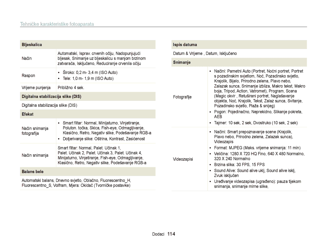 Samsung EC-PL20ZZBPBE3, EC-PL120ZFPBE3, EC-PL210ZBPBE3, EC-PL120ZBPSE3 manual Tehničke karakteristike fotoaparata, Bljeskalica 