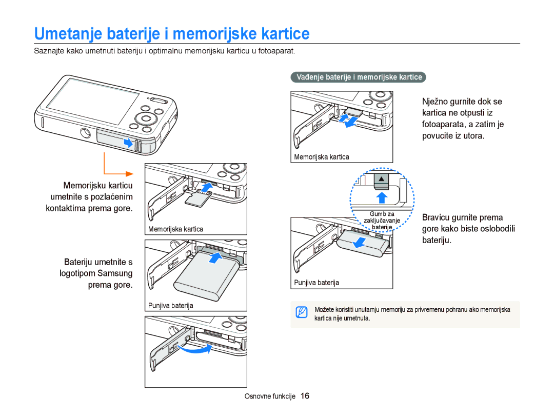 Samsung EC-PL20ZZBPPE3, EC-PL120ZFPBE3 manual Umetanje baterije i memorijske kartice, Bravicu gurnite prema, Bateriju 