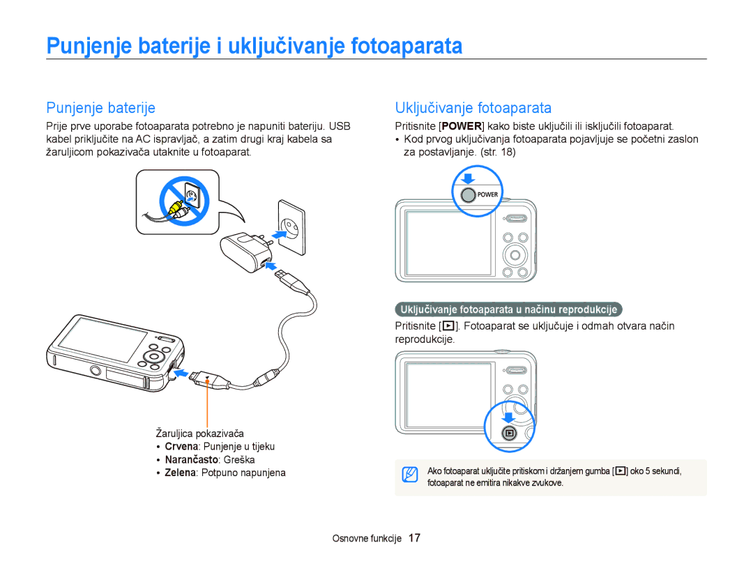 Samsung EC-PL120ZFPLE3 manual Punjenje baterije i uključivanje fotoaparata, Uključivanje fotoaparata, Narančasto Greška 