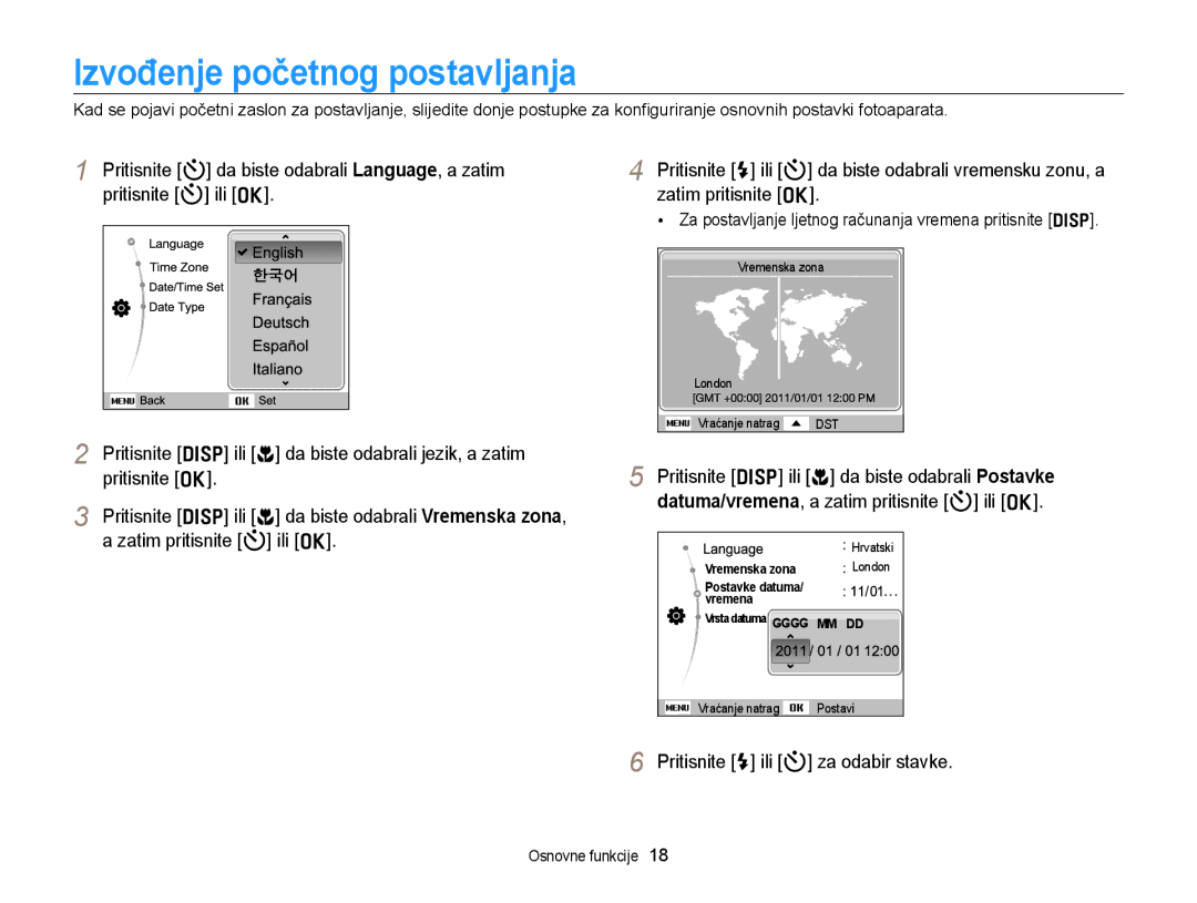 Samsung EC-PL20ZZBPRE3, EC-PL120ZFPBE3, EC-PL210ZBPBE3 Izvođenje početnog postavljanja, Pritisnite F ili t za odabir stavke 