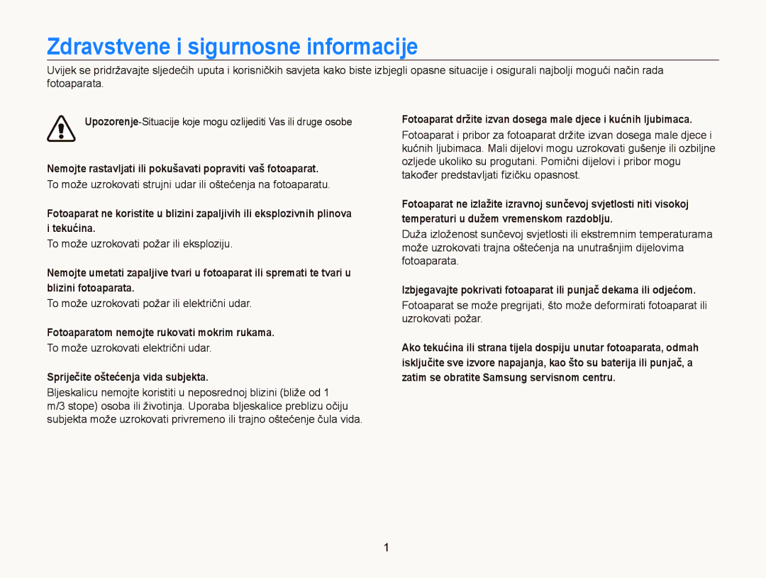 Samsung EC-PL120ZBPSE3, EC-PL120ZFPBE3 Zdravstvene i sigurnosne informacije, Fotoaparatom nemojte rukovati mokrim rukama 