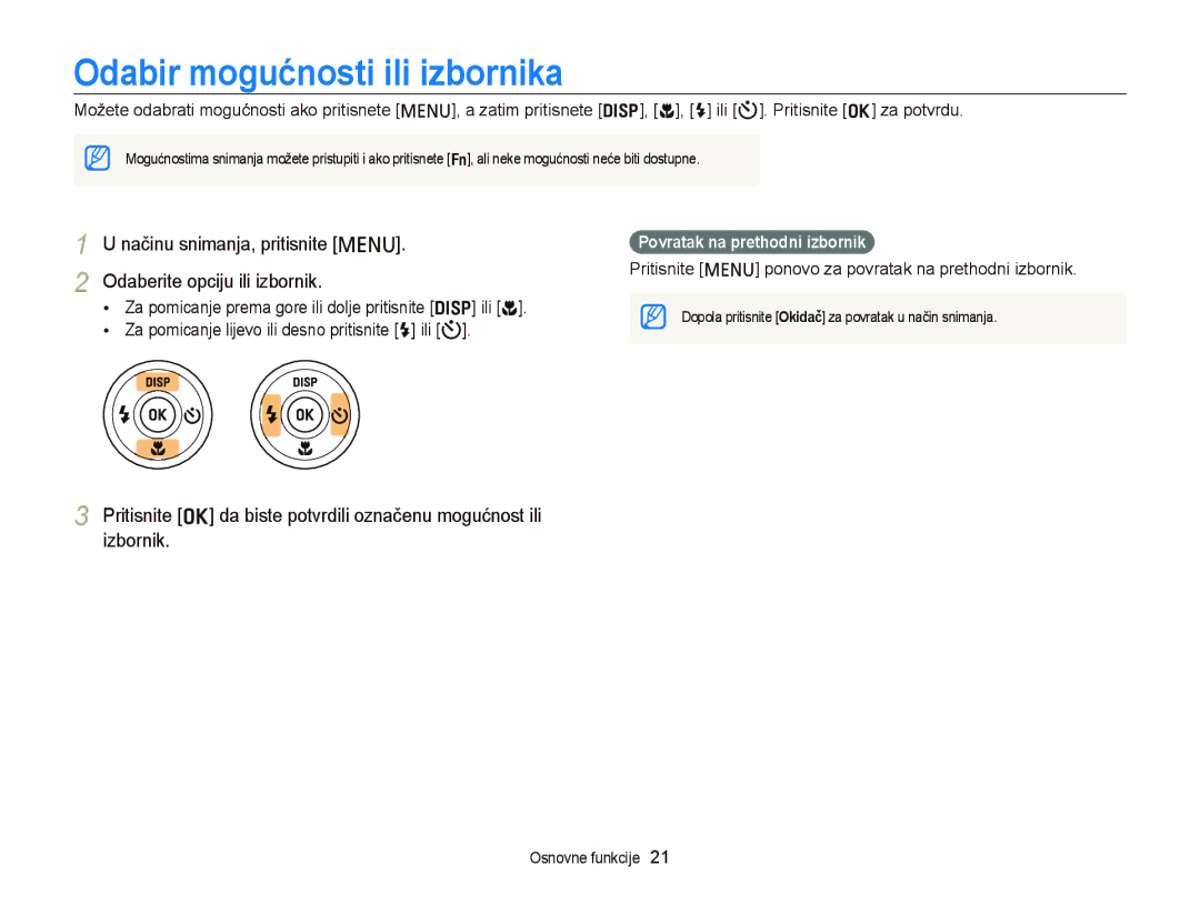 Samsung EC-PL120ZBPSE3 Odabir mogućnosti ili izbornika, Odaberite opciju ili izbornik, Povratak na prethodni izbornik 