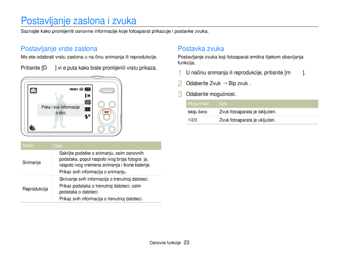 Samsung EC-PL120ZBPBE3, EC-PL120ZFPBE3 manual Postavljanje zaslona i zvuka, Postavljanje vrste zaslona, Postavka zvuka 