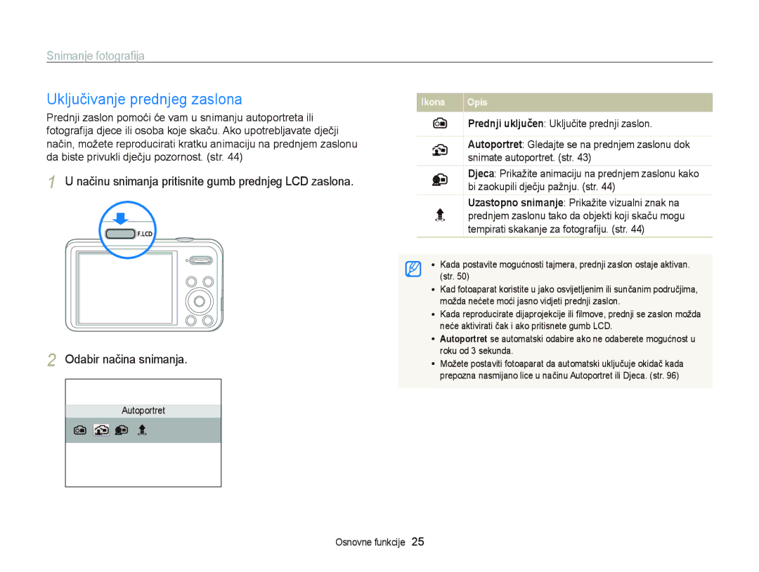 Samsung EC-PL20ZZBPSE3, EC-PL120ZFPBE3, EC-PL210ZBPBE3, EC-PL120ZBPSE3 Uključivanje prednjeg zaslona, Snimanje fotograﬁja 