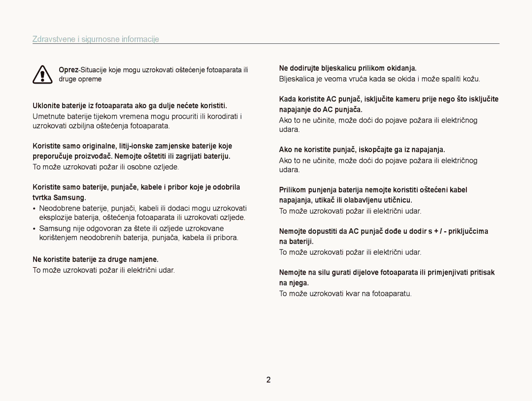 Samsung EC-PL120ZFPSE3, EC-PL120ZFPBE3 manual Zdravstvene i sigurnosne informacije, Ne koristite baterije za druge namjene 
