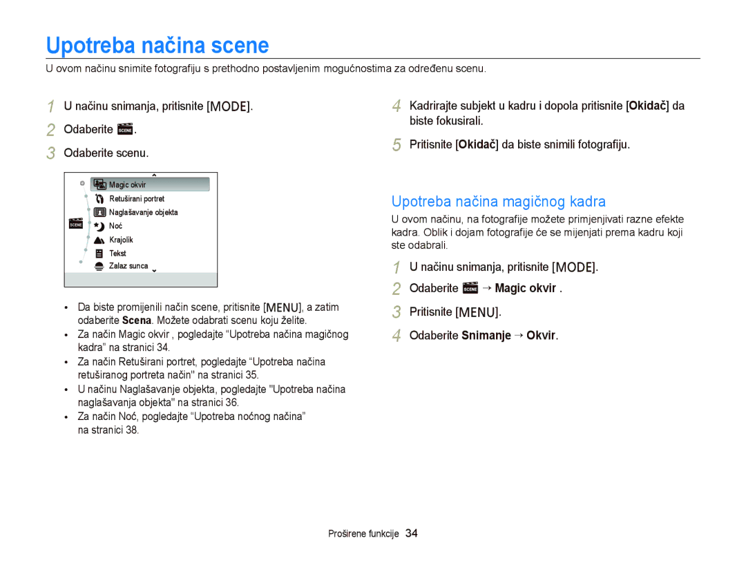 Samsung EC-PL20ZZBPBE3 Upotreba načina scene, Upotreba načina magičnog kadra, Biste fokusirali, Odaberite Snimanje “ Okvir 