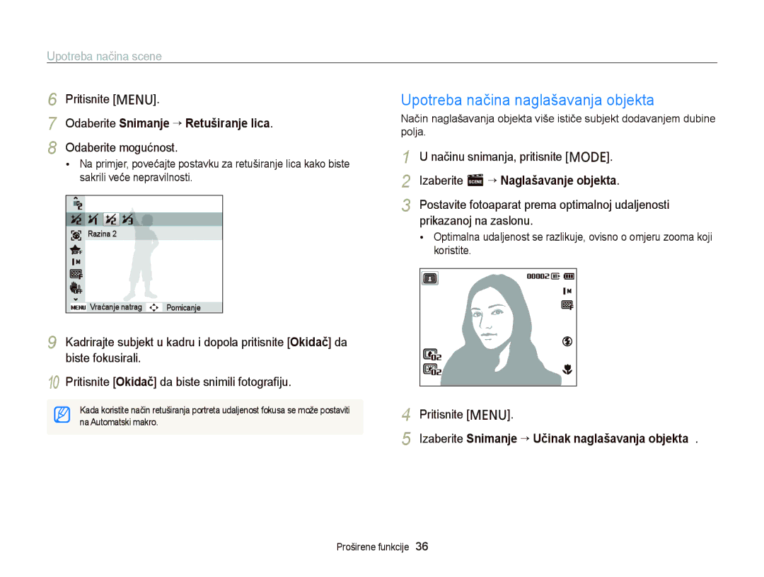 Samsung EC-PL20ZZBPPE3, EC-PL120ZFPBE3 manual Upotreba načina naglašavanja objekta, Odaberite Snimanje “ Retuširanje lica 