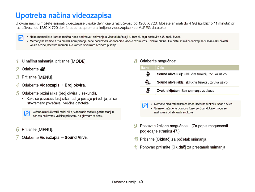 Samsung EC-PL210ZBPBE3, EC-PL120ZFPBE3, EC-PL120ZBPSE3 Upotreba načina videozapisa, Odaberite Videozapis “ Broj okvira 