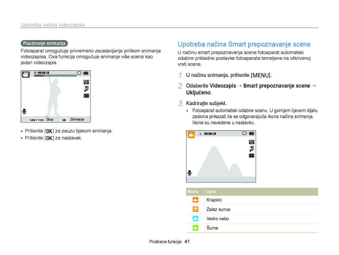 Samsung EC-PL120ZBPSE3 manual Upotreba načina Smart prepoznavanje scene, Upotreba načina videozapisa, Pauziranje snimanja 