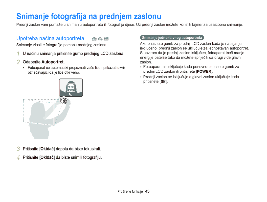 Samsung EC-PL120ZBPBE3, EC-PL120ZFPBE3 manual Snimanje fotograﬁja na prednjem zaslonu, Upotreba načina autoportreta S p s 