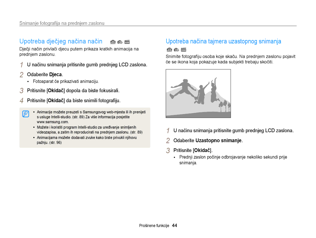 Samsung EC-PL20ZZBPBE3 manual Upotreba dječjeg načina način S p s, Snimanje fotograﬁja na prednjem zaslonu, Odaberite Djeca 